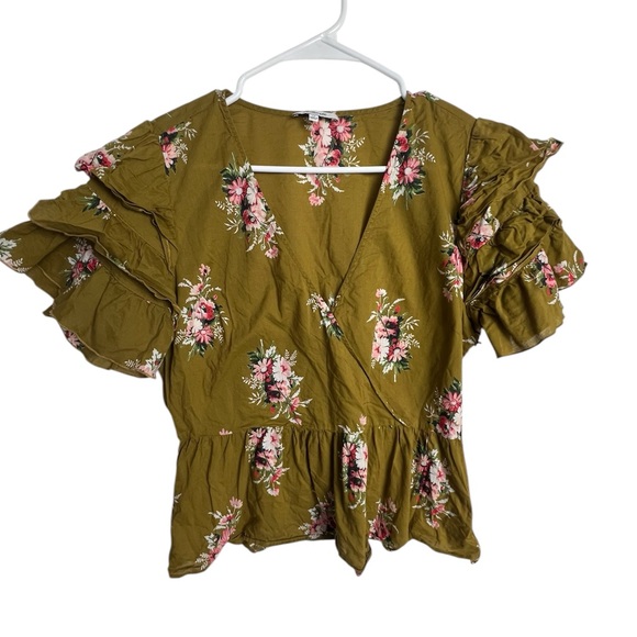 Madewell Olive Floral Ruffle Wrap Top - Picture 2 of 10